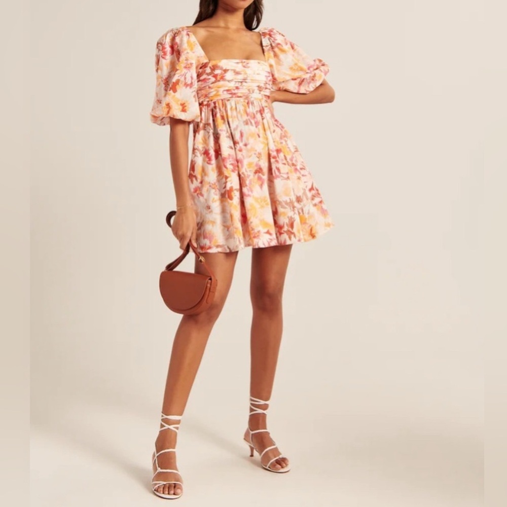 Abercrombie and Fitch Emerson Poplin Puff Sleeve Mini Dress Floral Pink Medium